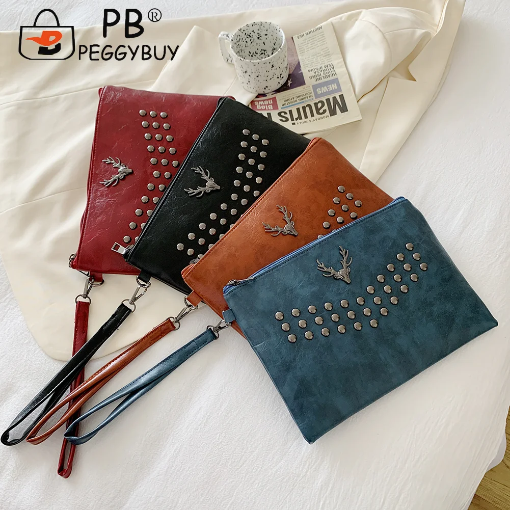 

Fashion PU Leather Rivet Deer Head Envelope Clutches Women Casual All-match Solid Color Wristlet Bags Portable Travel Zip Purse