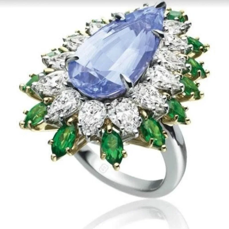 

Hot Selling Water Drop Female Rings Inlaid Light Ocean Blue Space White Zirconium Green Crystal Banquet Ring for Women Jewelry