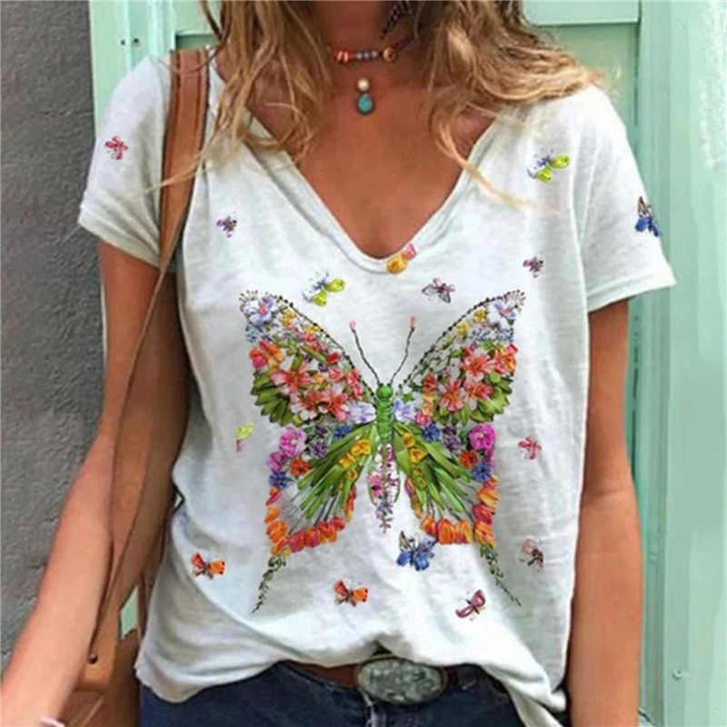 

Butterflies Printed T-shirt Female Short-sleeve V-neck Clothes Women's New Fashion Casual Clothing Female Graphic T Shirts Tops
