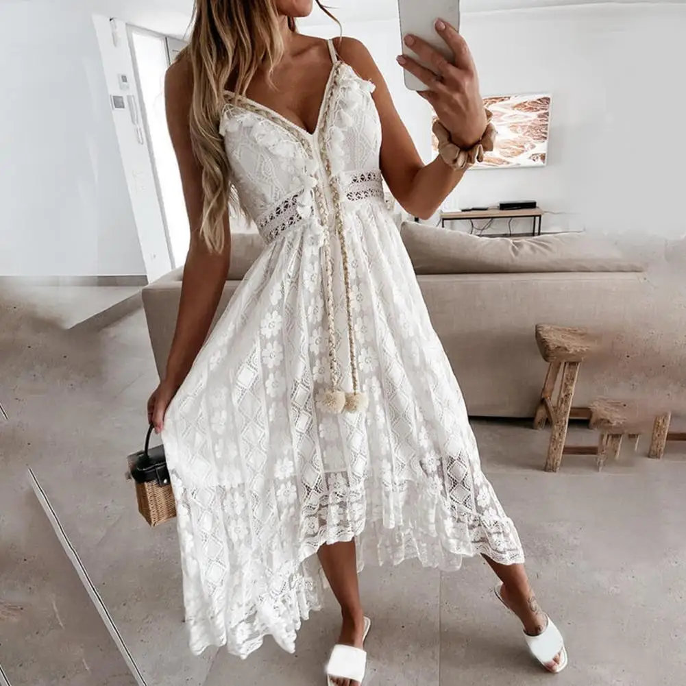 

Summer Fashion Maxi See Though Deep V Neck Sexy Shopping Dress Hollow Out Lace Women Spaghetti Strap Large Hem Dating Dresses