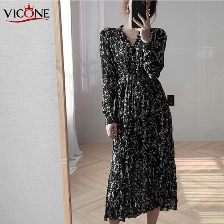

VICONE Print Robe Dress Women Dress Loose Long Sleeve Fashion Tide Vintage Dress Vestidos De Fiesta