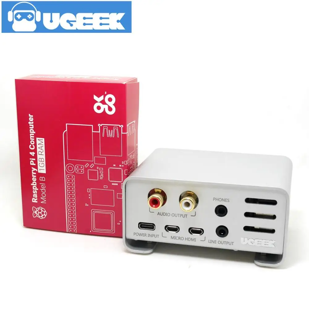 Звуковая карта Aoide UGEEK DAC II Hifi + Raspberry Pi 4 Model B (1 ГБ ОЗУ) алюминиевый чехол в комплекте