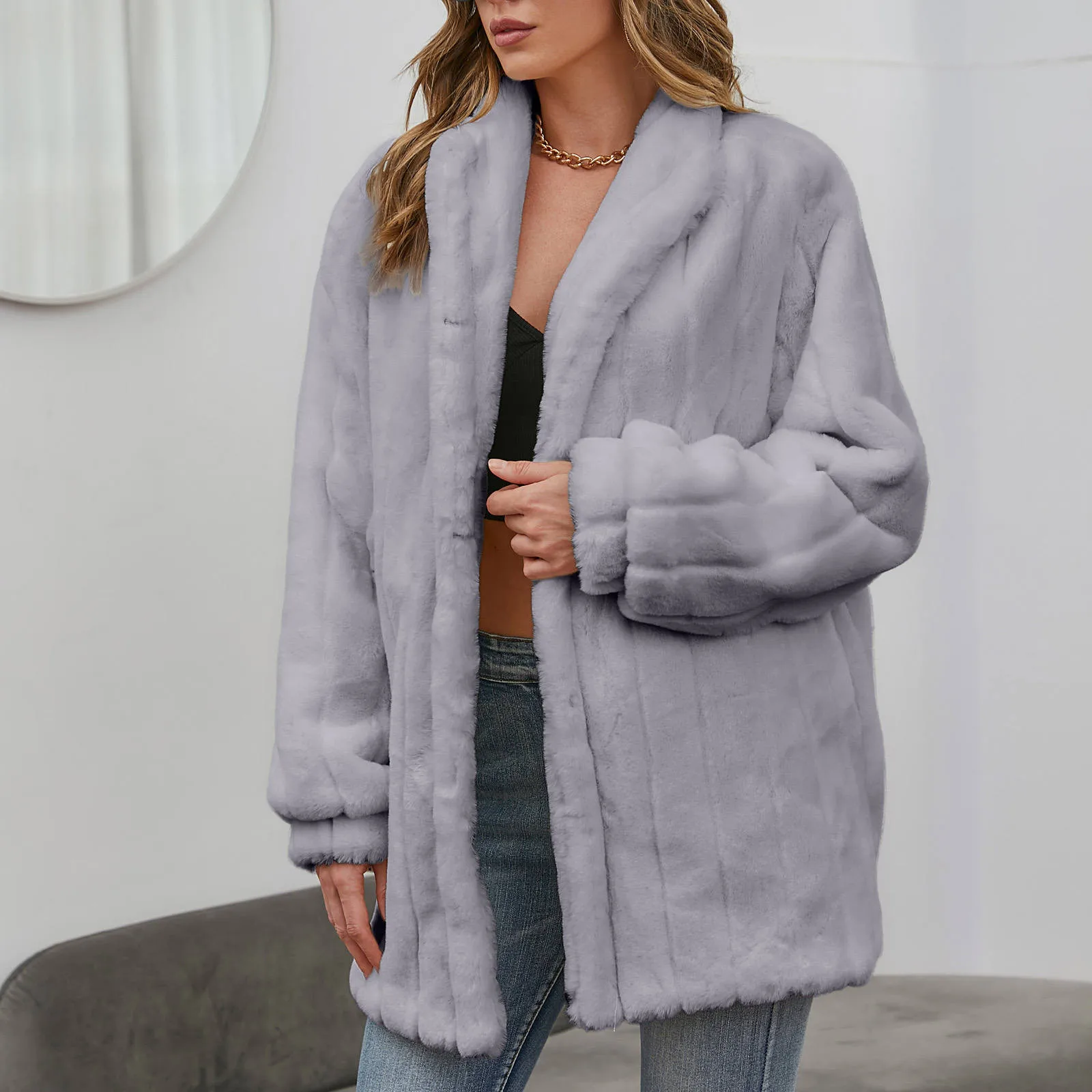

Women Fur Jacket Winter Warm Fashion Pure Color Long Sleeve Casual Loose Cardigan Female Thick Plush Parka Coat Plus Size #40