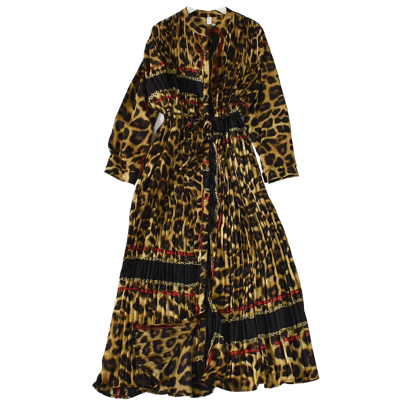 

2020 Women's Shirt Dress Pleated Spring Summer Patchwork Leopard Print Long-sleeved Chiffon Midi Dress Dress Vestidos Ls292