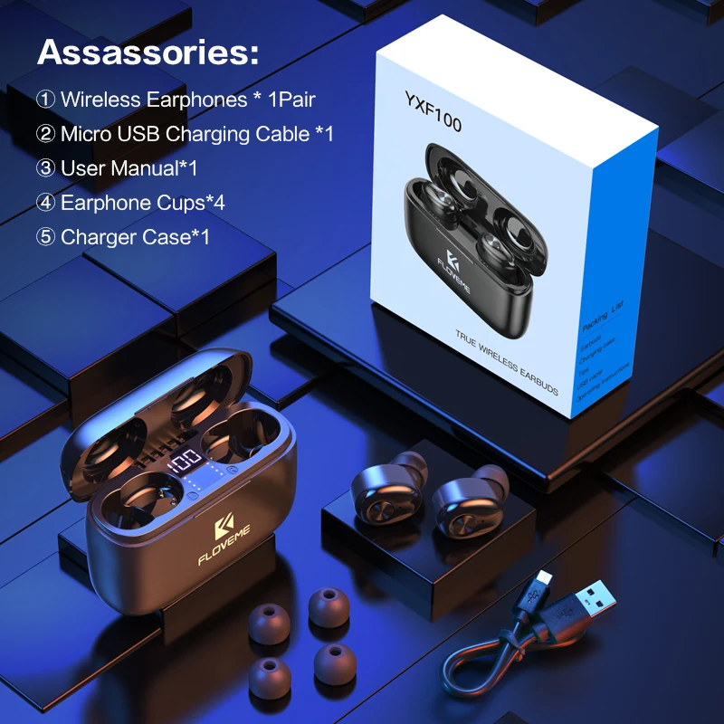 

FLOVEME NEW TWS 5.0 Wireless Bluetooth Earphone LED Display Wireless Stereo Sound Sport Earbuds Headset +Charging Box