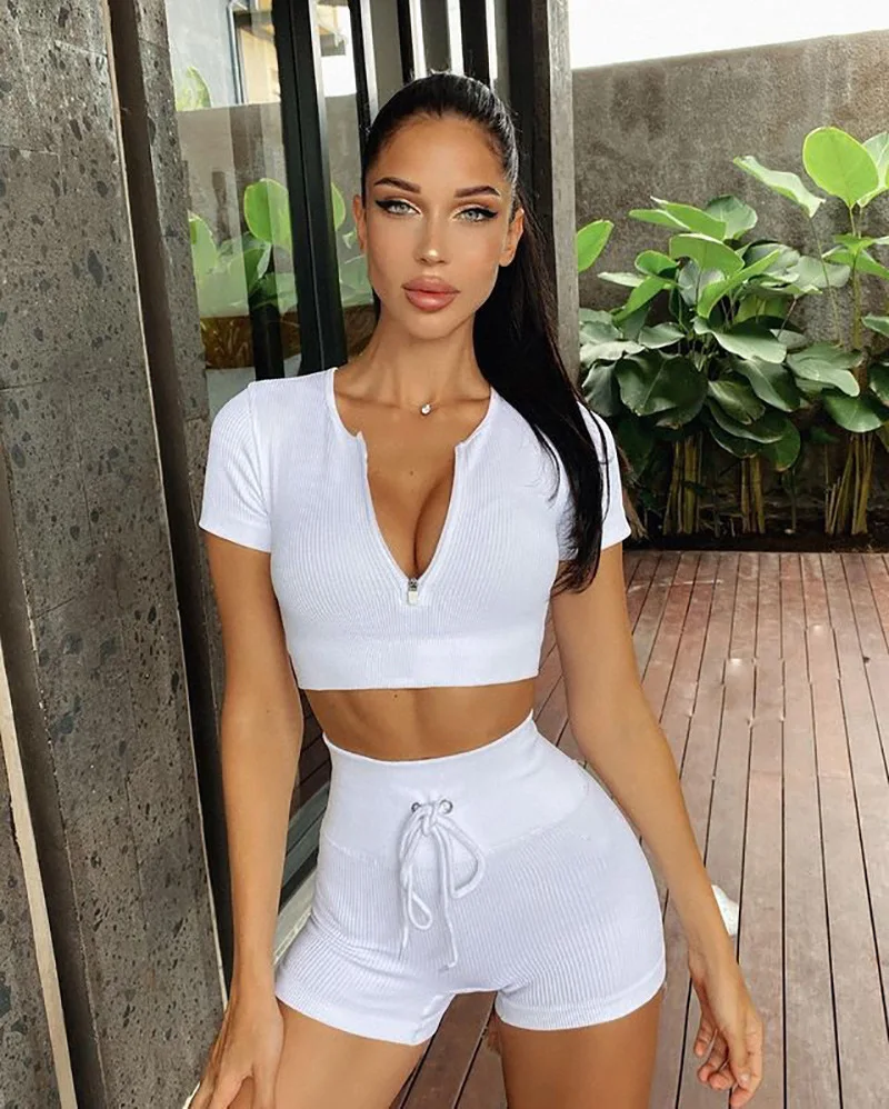 

Women's Fall/Summer 2021 Solid color Casual solid color top Drawstring shorts two-piece set tide Crop Top Solid Patchwork