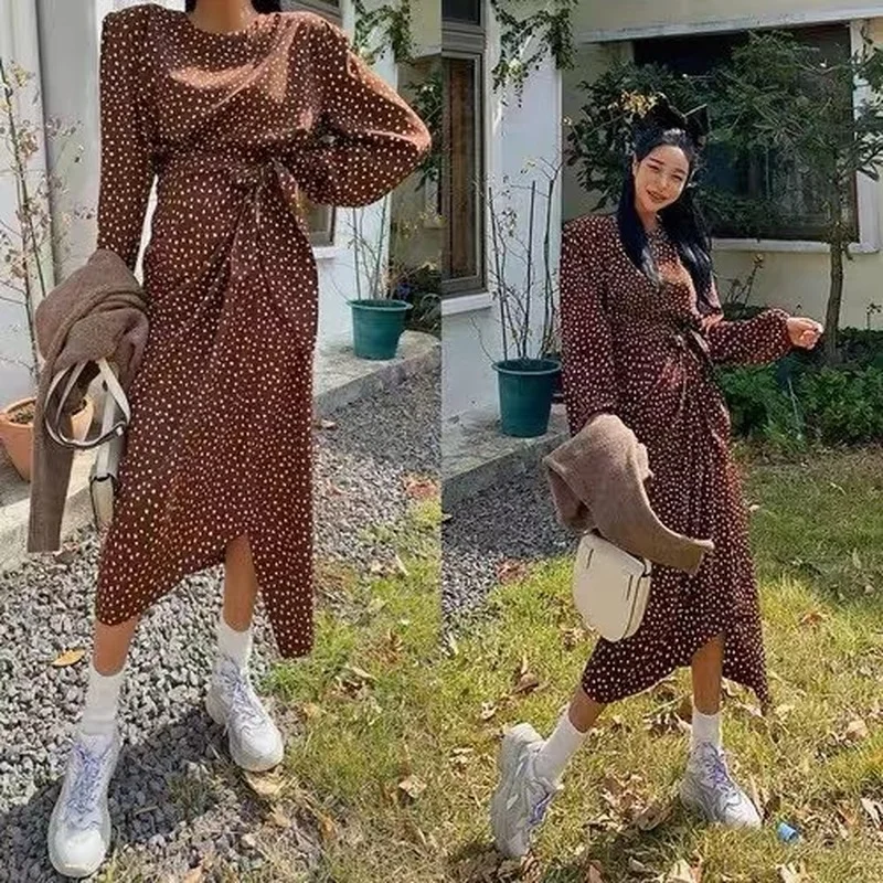

Elegant Dot Print Long Sleeve Spring Dress Casual O Neck Chiffon A Line Women Summer Dress Vintage Party Midi Vestidos
