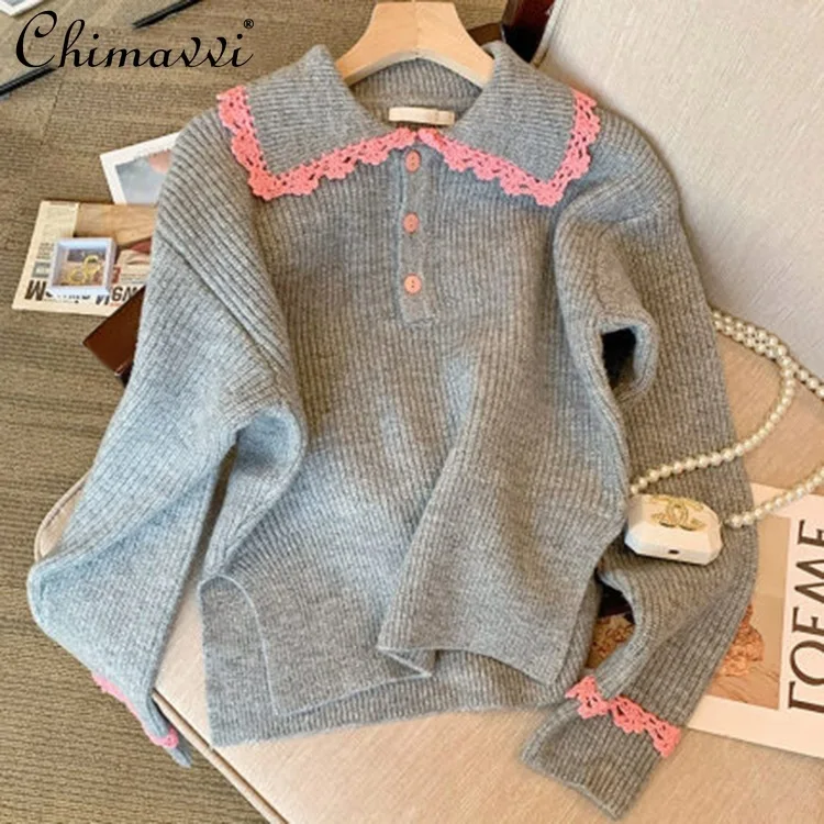

Polo Collar Long Sleeve Sweater for Women 2021 Autumn Winter Lace Stitching Korean Jumper Lady Sweet Knitted Pullovers