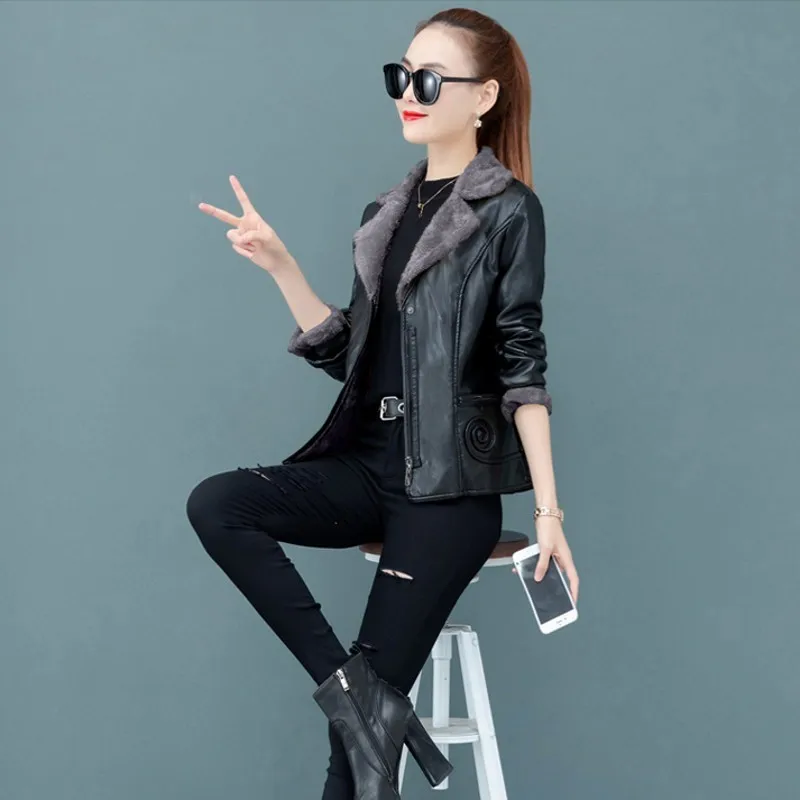 Толстые теплые женские Куртки из искусственной кожи с флисовой подкладкой