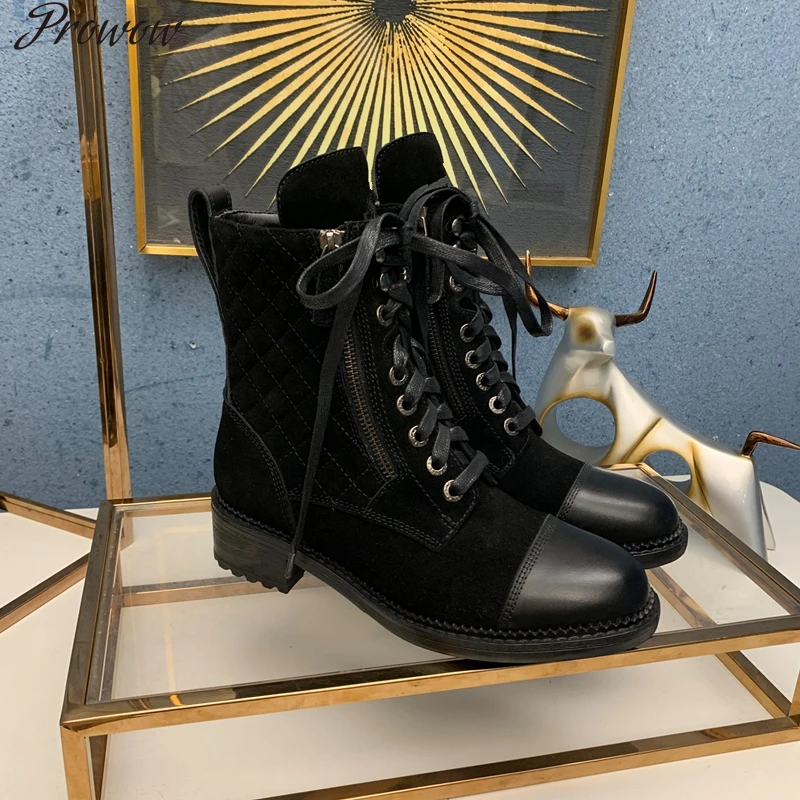 

Prowow Ladies Boots Genuine Leather Casual Rome Flat Autumn Winter Round Toe Solid Black Patchwork Lace-Up Lightweight Boots