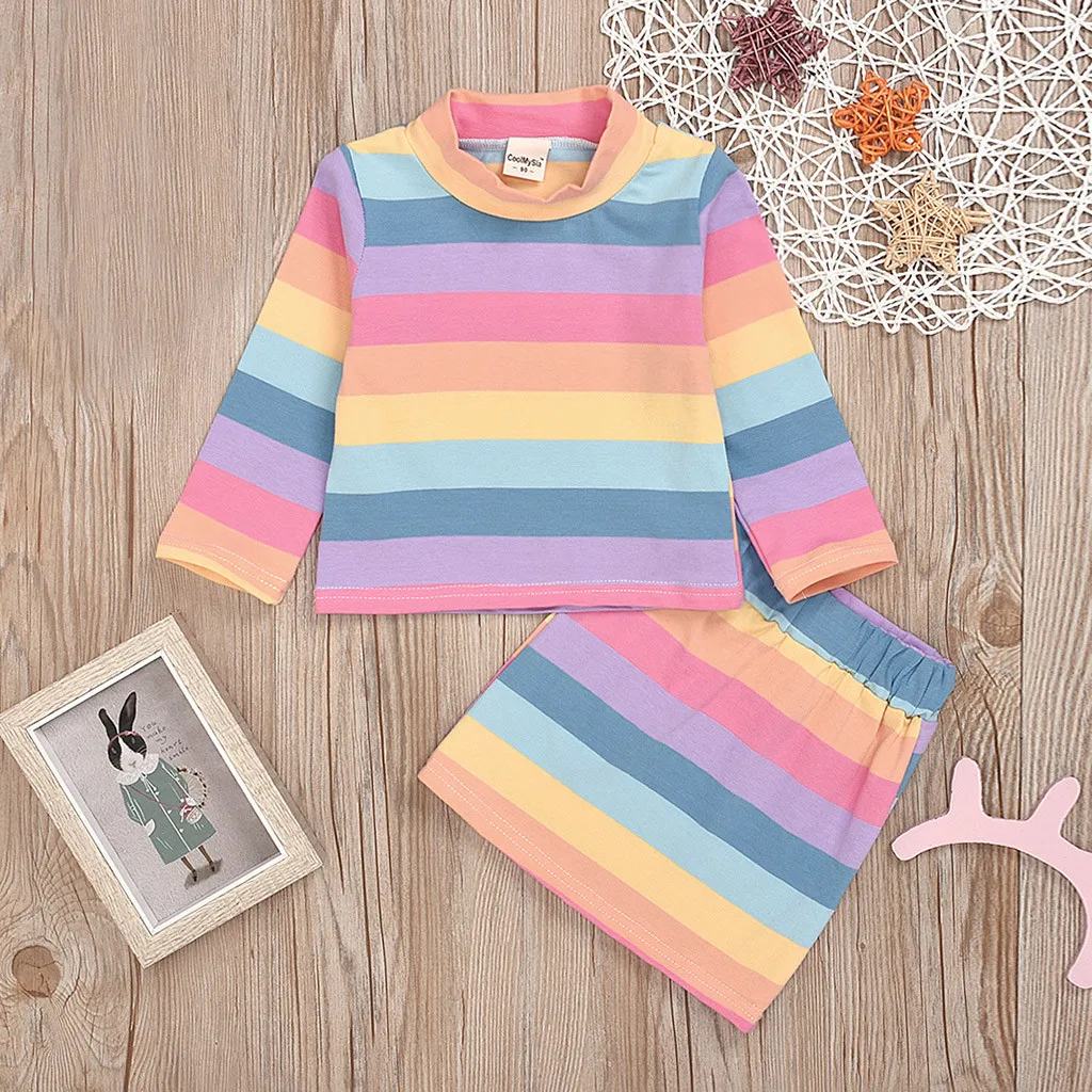 

Детская одежда TELOTUNY, 2 шт., хлопковая Футболка в радужную полоску для маленьких девочек, топы, короткая юбка, комплект одежды, 20 июня