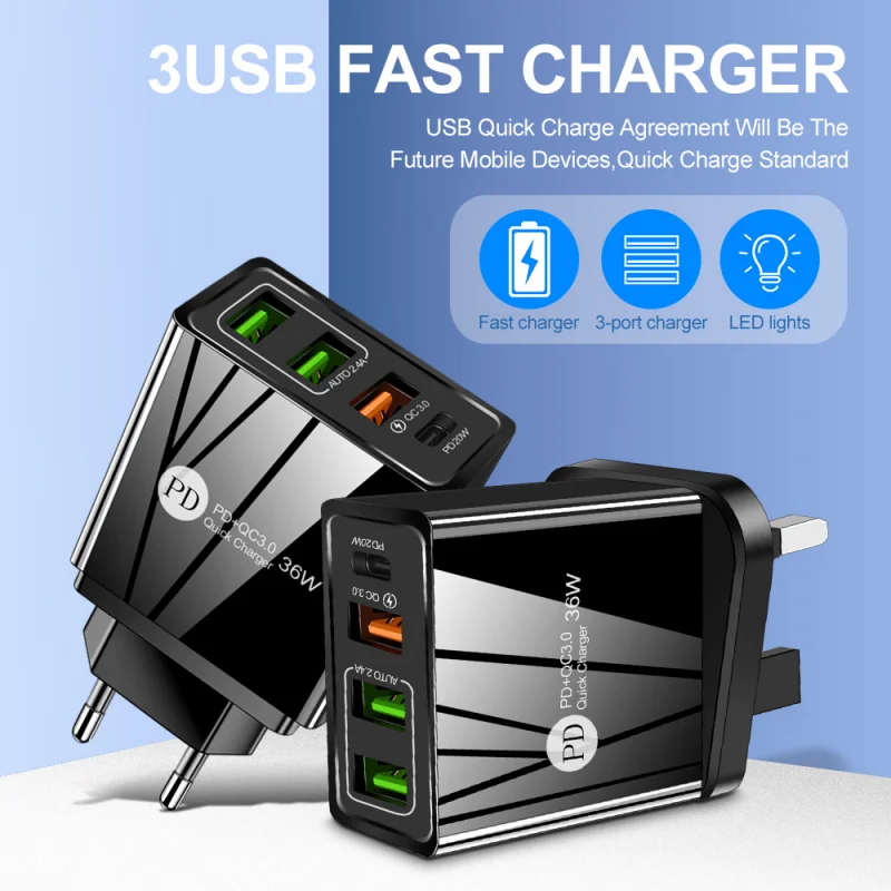 

Universal Phone Charger 36W Fast Charging Head QC3.0 Type-C + USB Dual-Port PD Charger Multi-Port USB Charger for iPhone 11 Pro