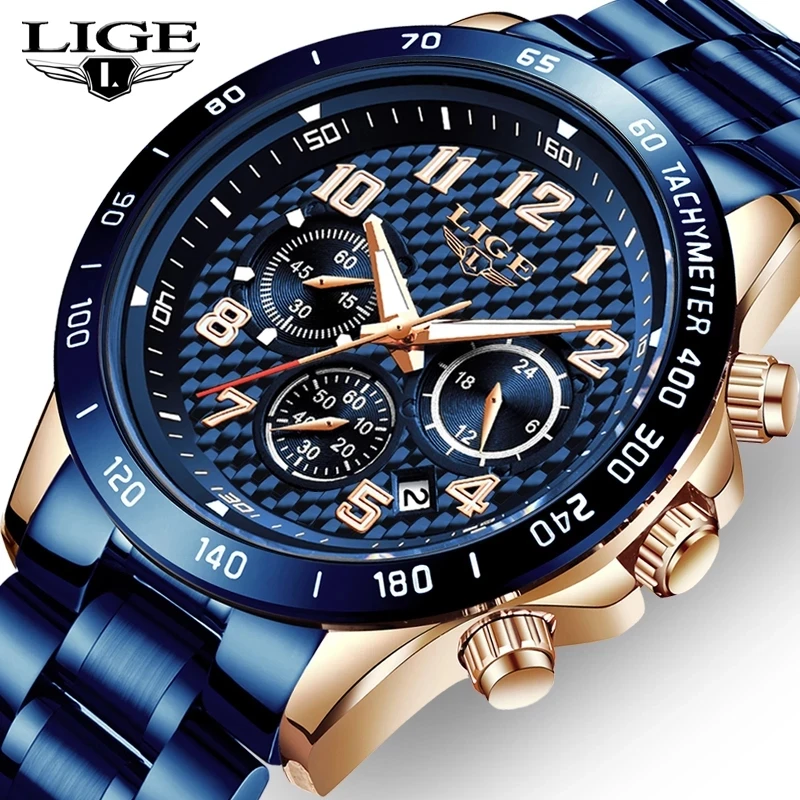 

2021 LIGE Top Brand Luxury New Fashion Mens Watch with Stainless Steel Sports Chronograph Quartz Watch For Men Relogio Masculino