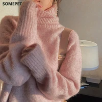 winter new loose knitted pullover womens turtleneck sweater for girls korean style soft solid color lazy female tops