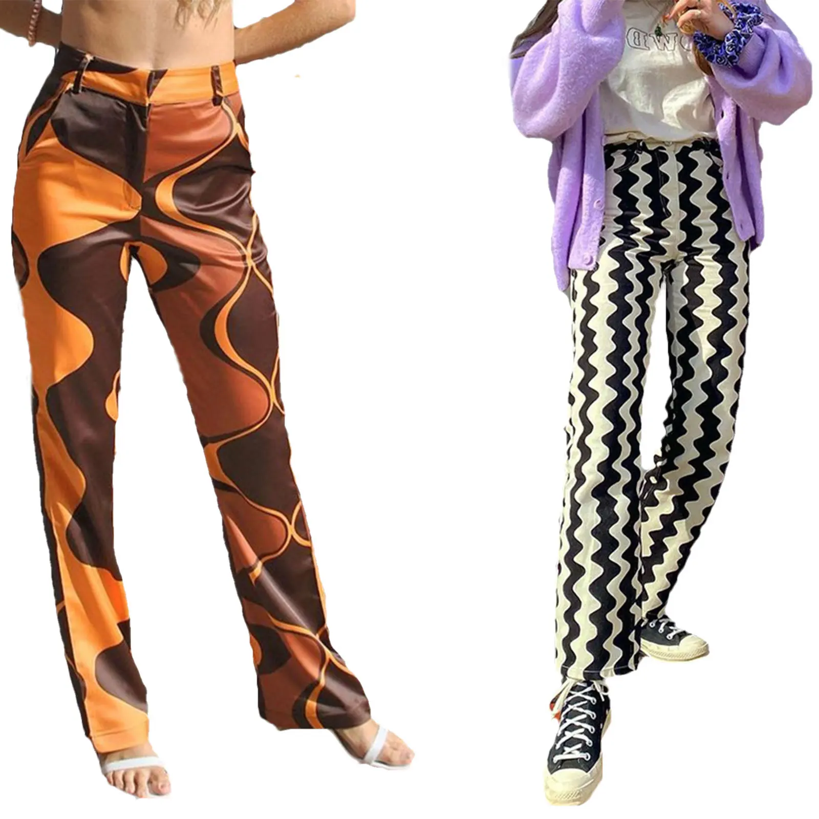 

Ladies Personalized Straight-leg Pants, Summer Autumn Girls Creative Wave Printing Slim Long Trousers for Shopping Dating