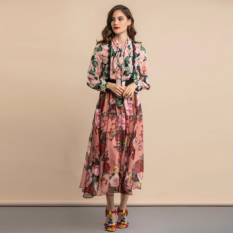 LD LINDA DELLA Autumn Fashion Elegant Blouses Women's Bow Collar Pleated Lace Floral Print Vintage Shirt Holiday Casual Tops