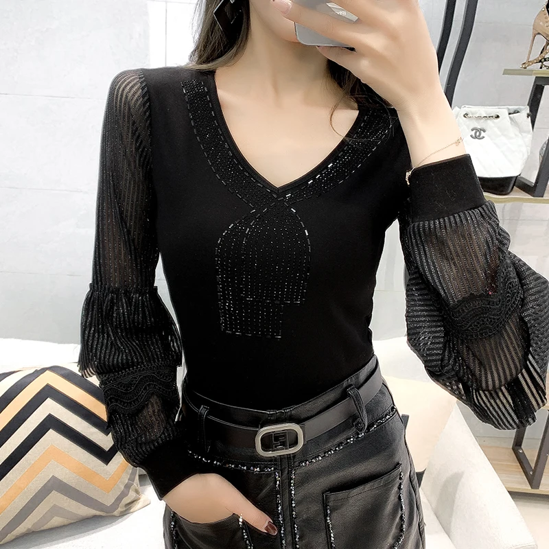 Модная свободная сексуальная Лоскутная сетчатая Блестящая футболка с бисером