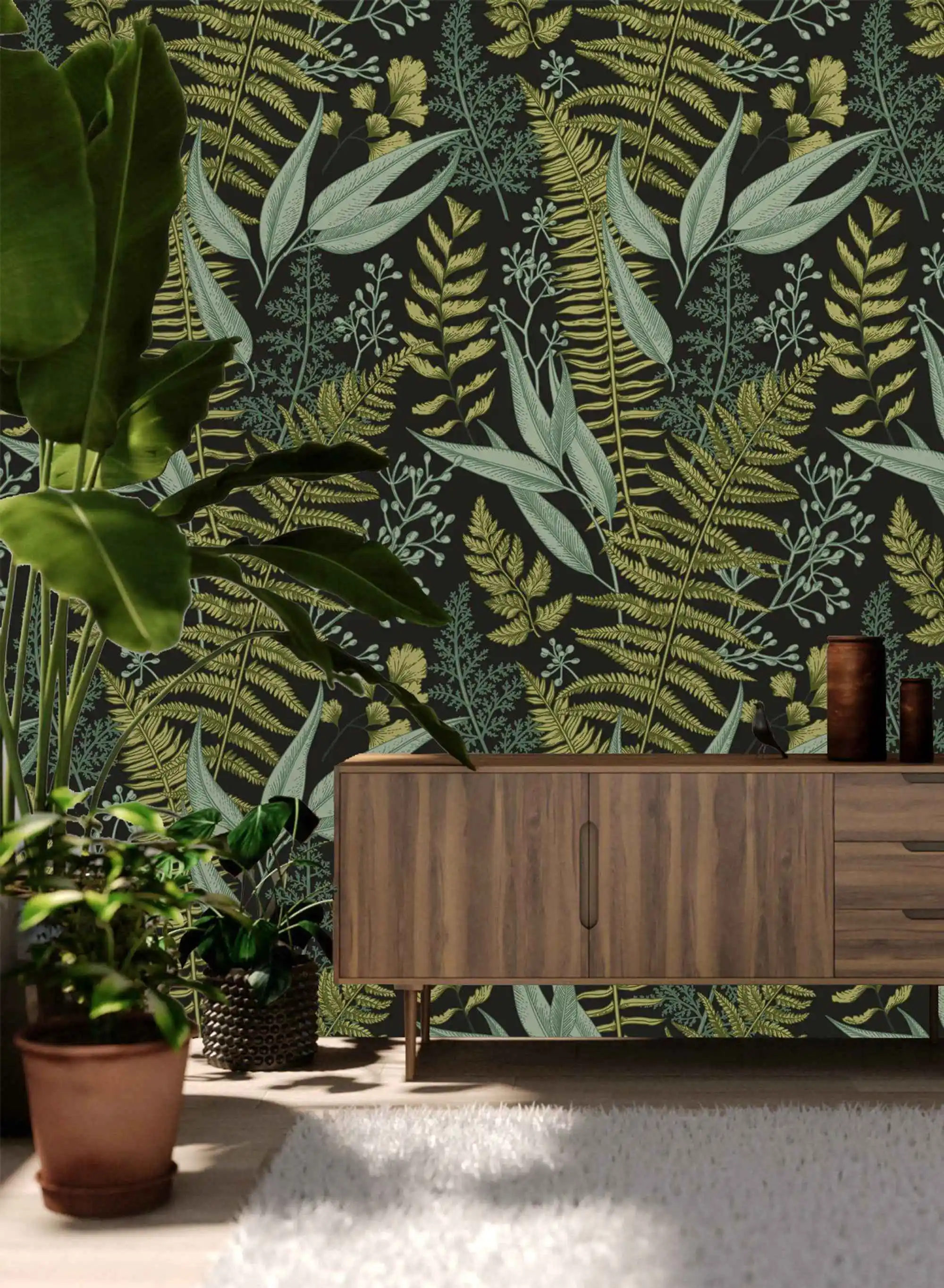Hand drawn tropical fern plants wallpaper with balck back for living room bedroom ST484957951-2 | Wallpapers