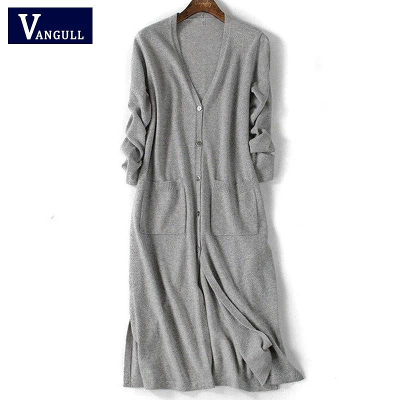 

Vangull Тонкий шерстяной длинный свитер, кардиганы, Повседневная мода, однотонный Тонкий однобортный свитер с разрезом, v-образный вырез, карма...