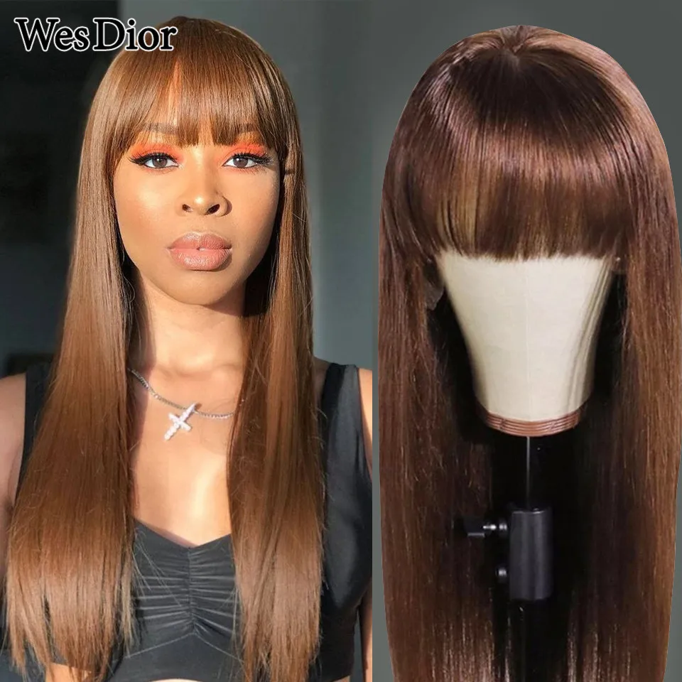 

Colored Straight Human Hair Wigs With Bangs Glueless Full Machine Made Wigs For Women Human Hair Brazilian Remy Natural Hairline