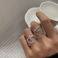 allnewme hip hop 2 styles cross chain tassel charm rings for women girls silver color metal open rings plain accessories