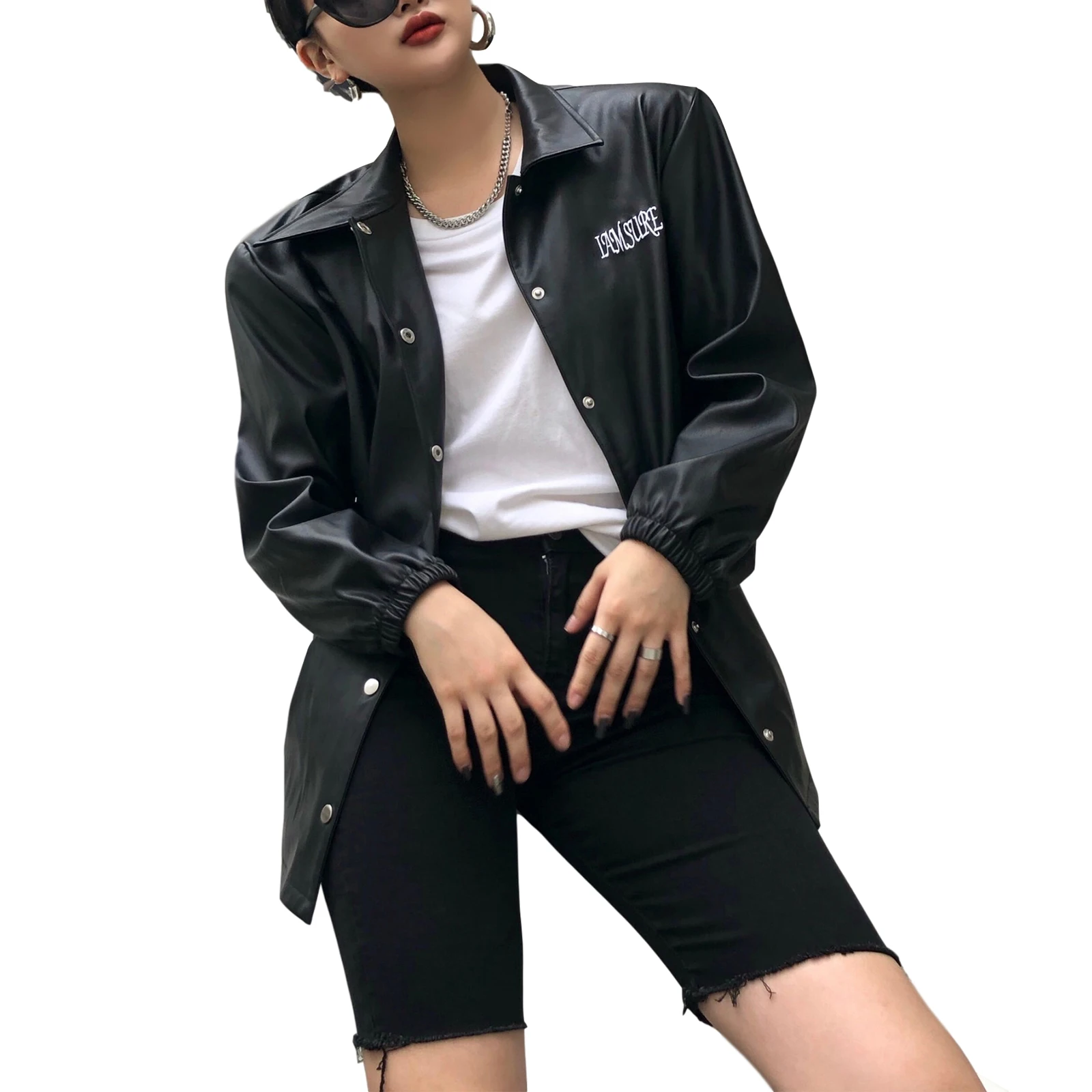 

Women Button Down Jackets, Fashion Long Sleeve Letter Embroidery Faux Leather Loose Trucker Coat