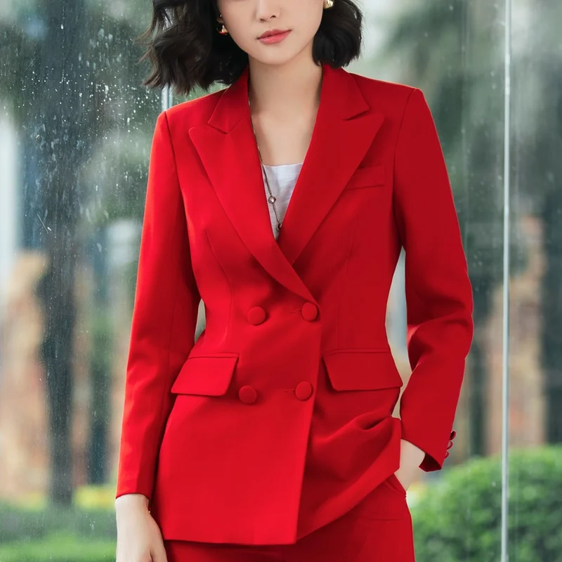 Женский офисный костюм из блейзера и двубортных брюк деловая униформа 2019 |