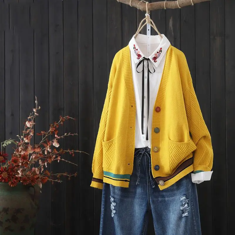 

2021 spring new knit jacket women loose wild knit cardigan literary fan outer sweater women