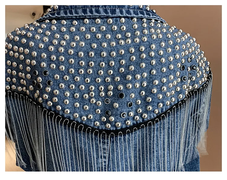Chaquetas Mujer, осень, уличная одежда, джинсовая куртка для женщин, ручная работа, заклепки, кисточка, цепь, короткая джинсовая куртка, свободные черные пальто