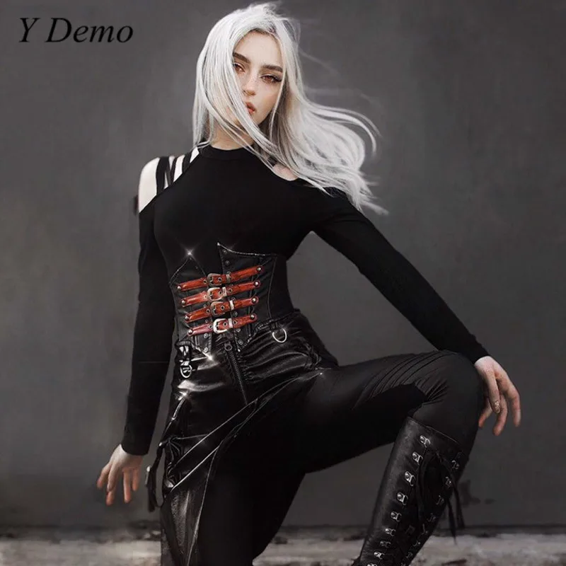 Gothic Girl Long Sleeve T-shirt 2020 Dark Aesthetic Off Shoulder Harajuku Tee Women | Женская одежда