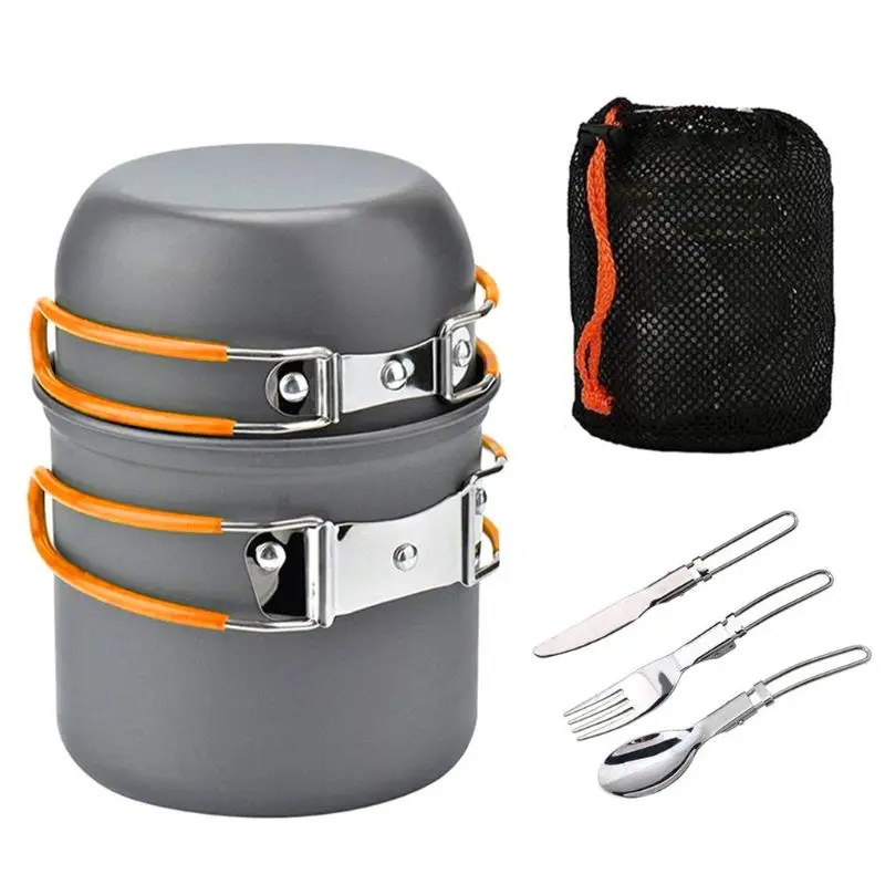 Camping Cookware Mess Kit Outdoor Cooking Equipment Cookset Camp Pot Pan Bowls - Free Folding Utensil Set Bag | Compact Спорт и