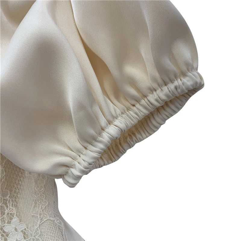 

VGH Black Casual Shirts For Women Square Collar Puff Short Sleeve Single Breasted Solid Pleated Blouses Female Summer 2021 Style