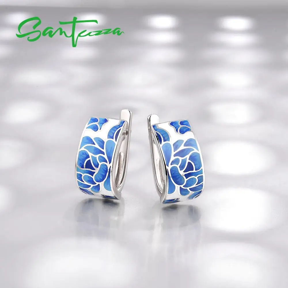 SANTUZZA, серебряные серьги для женщин, натуральная 925 пробы, серебряные, синие, цветок, эмалированные серьги, модный подарок, хорошее ювелирное изделие ручной работы
