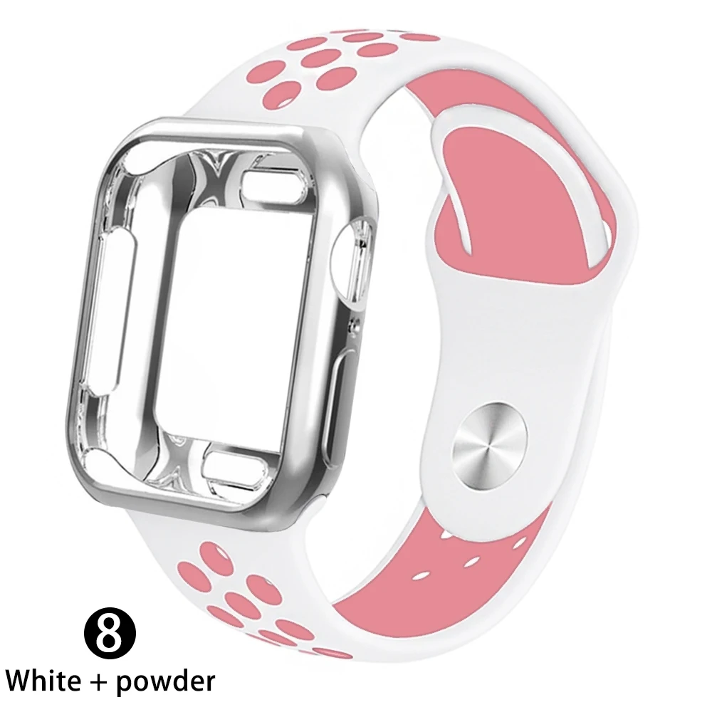 Чехол+ ремешок для apple Watch 5 ремешок 42 мм 38 мм 40 мм 44 мм спортивный силиконовый браслет для apple iwatch series 5 4 3 2 1 Аксессуары - Цвет ремешка: White    powder