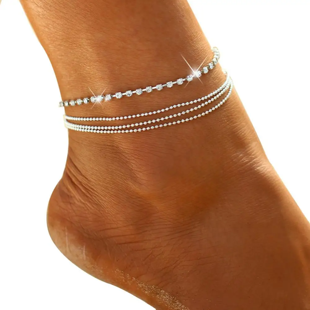 

New Bohemian Women Anklet Single Row Rhinestone Multilayer Chain Anklet Beach Jewelry Gift For Women Combination Foot Jewelry