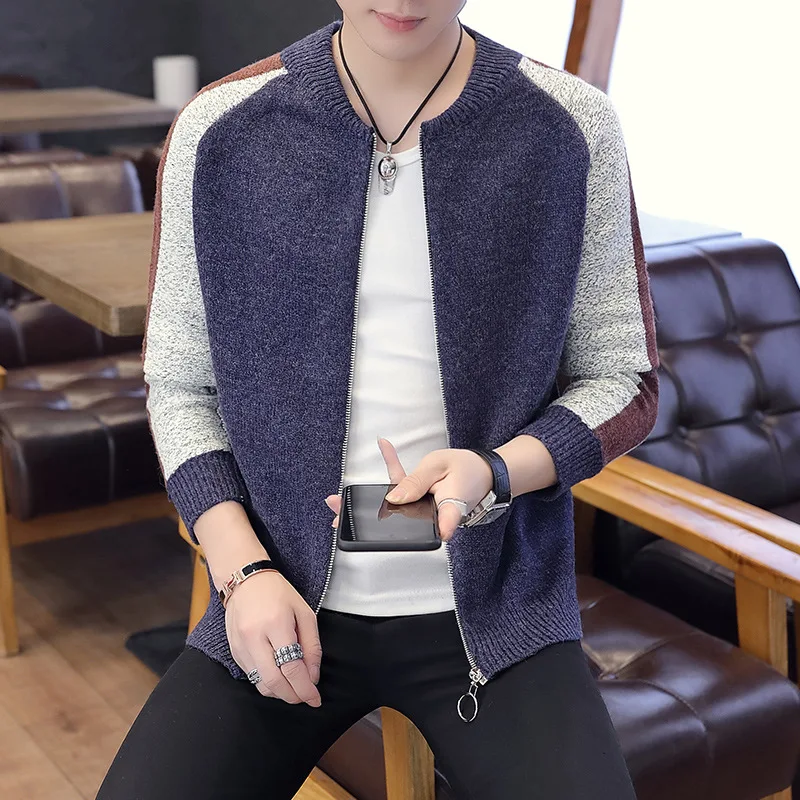 Мужской шерстяной кардиган теплый плотный свитер с круглым вырезом на молнии