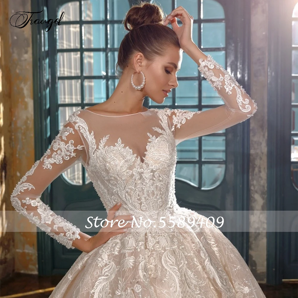 

Traugel Luxury Scoop Ball Gown Lace Wedding Dresses Chic Appliques Long Sleeve Bride Dress Cathedral Train Bridal Gown Plus Size
