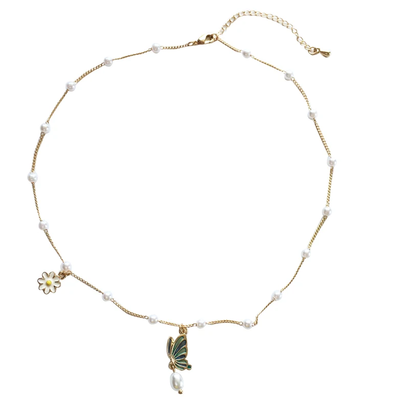 

Trendy Jewelry Chain Necklace Sweet Korean Temperament Simulated Pearl Flower Butterfly Pendant Necklace For Women Girl Gifts