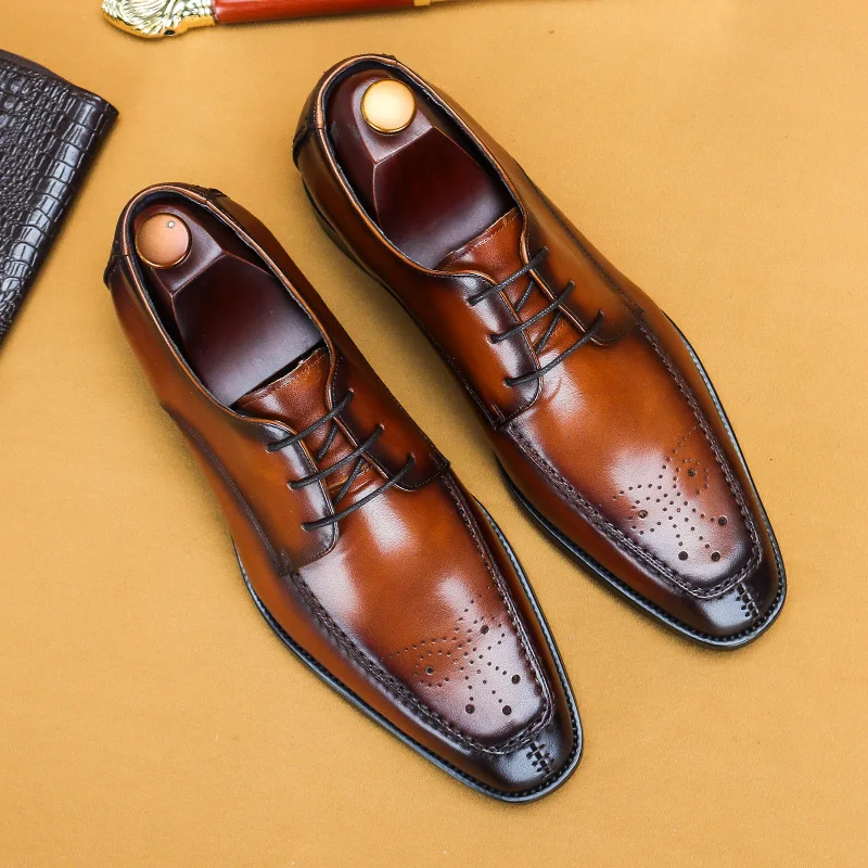 

Italy Flat Men Formal Shoes Handmade Polished Designer Classic Brogues Dress Carved Suit Genuine Leather Brown Laces Up Footwear