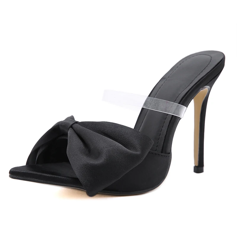 

Women Sexy Slippers High Heels Pointed Toe Bowknot Ladies Sandals Shoes Transparent Pumps Female Plus Size Stiletto Woman