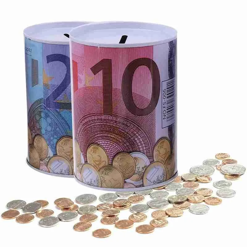 Жестяная цилиндрическая копилка коробка для хранения монет в долларах евро
