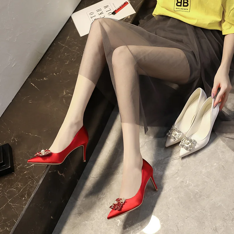 

New Style Rhinestone High-heel Wedding Shoes Autumn Single Shoes Pointed Toe Stiletto Shallow Mouth Bridesmaid Shoes 7.5cm Heel