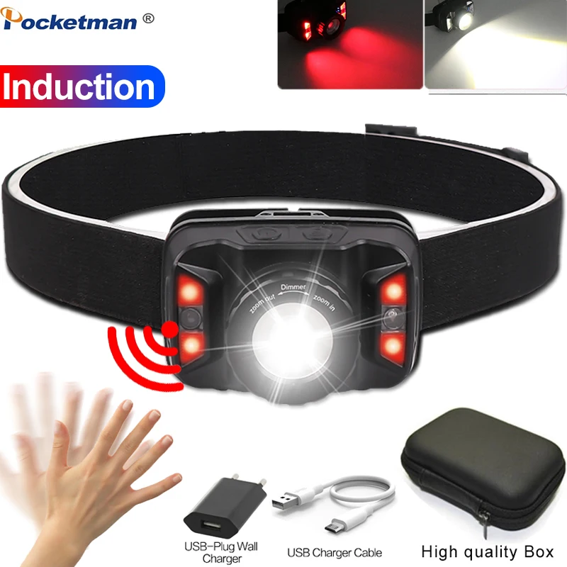 Мощный светодиодный налобный фонарь с зарядкой от USB суперъяркий датчиком