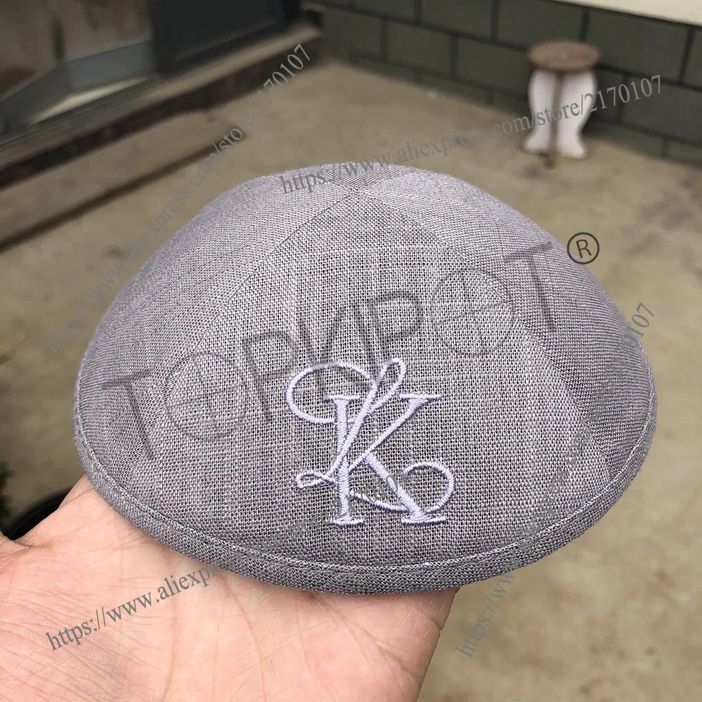 Темно-серый льняной KIPPAH KIPOT KIPPOT с белым вышитым логотипом для свадьбы |