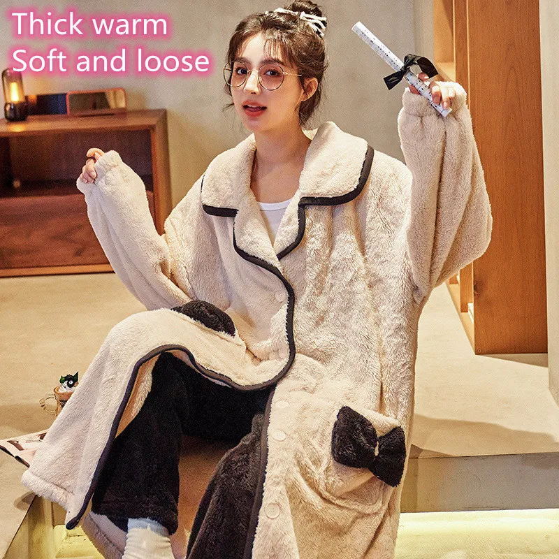 

Women's pajamas 2021 new warm winter flannel fashion thick plus size long hair loose night gown Trousers home service suit