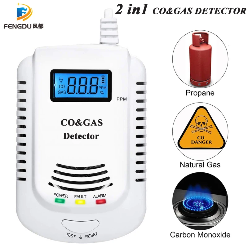 2 in 1 Gas Detector, Plug-in Home Natural Gas/Methane/Propane/CO Alarm, Leak Sensor Detector with Voice Promp and LED Display