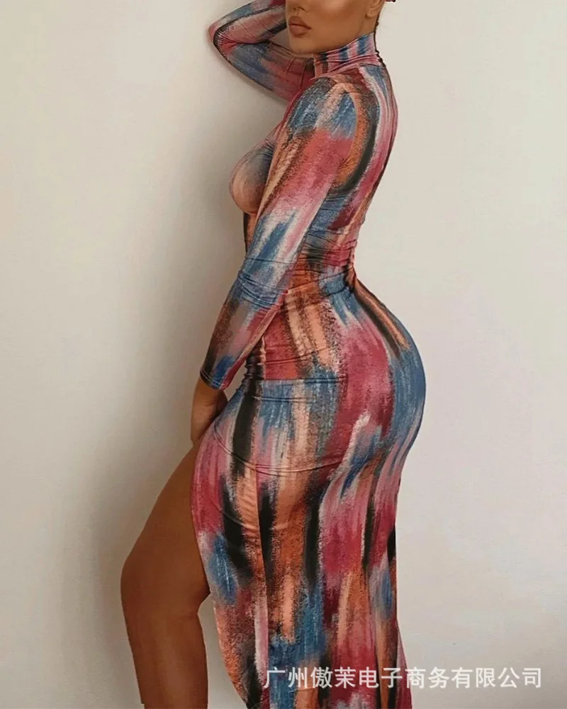 

printed split dress women 2021 autumn new long-sleeved dresses