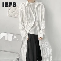 iefb niche design mens wrinkled oversize long shirt fashion japan streetwear 2021 new black white causal sunscreen clothing