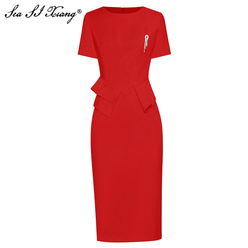 

Seasixiang Fashion Designer Summer Pencil Dress Women O-Neck Short Sleeve Crystal Brooch Office Lady Package Buttocks Dresses