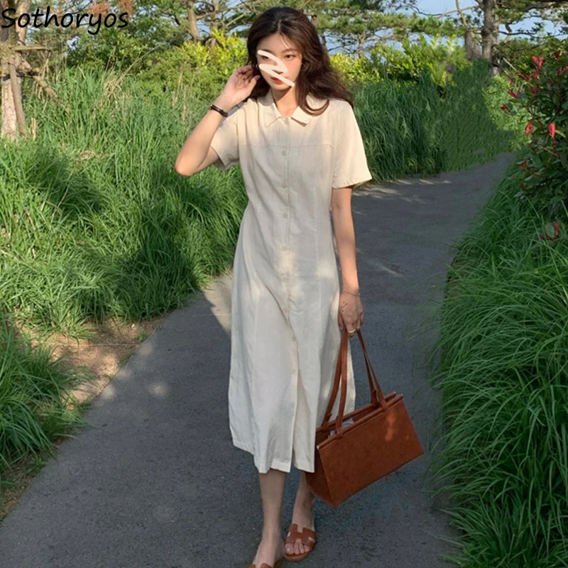 

Women Solid Dress Simple Daily Single Breasted Slim Elegant Basic Cozy S-2XL Office Lady Soft Breathable Females Clothing Trendy